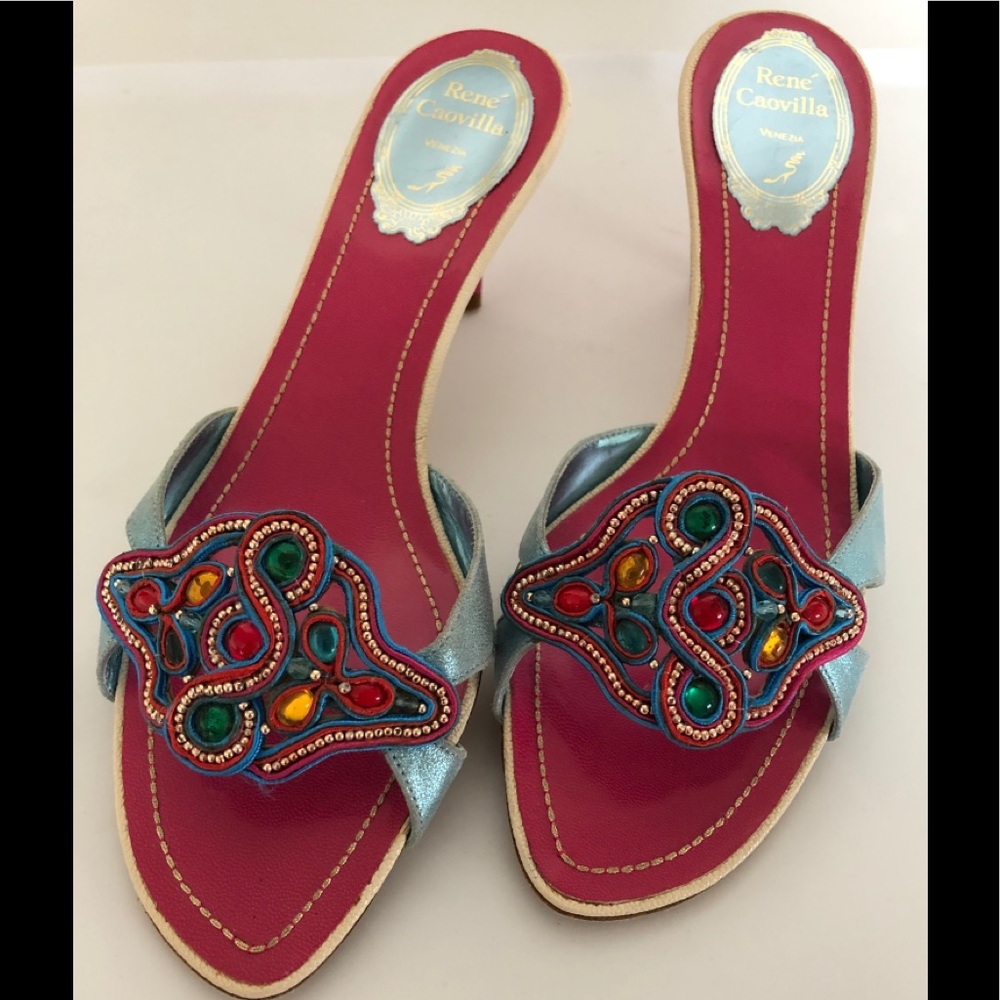 Rene Caovilla Pink/Blue Kitten Heel Sandal